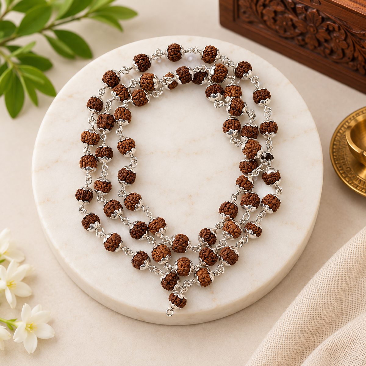 5 मुखी रुद्राक्ष माला व्हाइट मेटल कैप में  (5 Mukhi Rudraksh Mala in White Metal Cap) (8 mm)