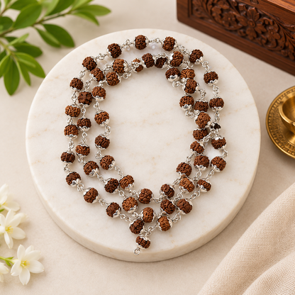 5 मुखी रुद्राक्ष माला व्हाइट मेटल कैप में  (5 Mukhi Rudraksh Mala in White Metal Cap) (8 mm)