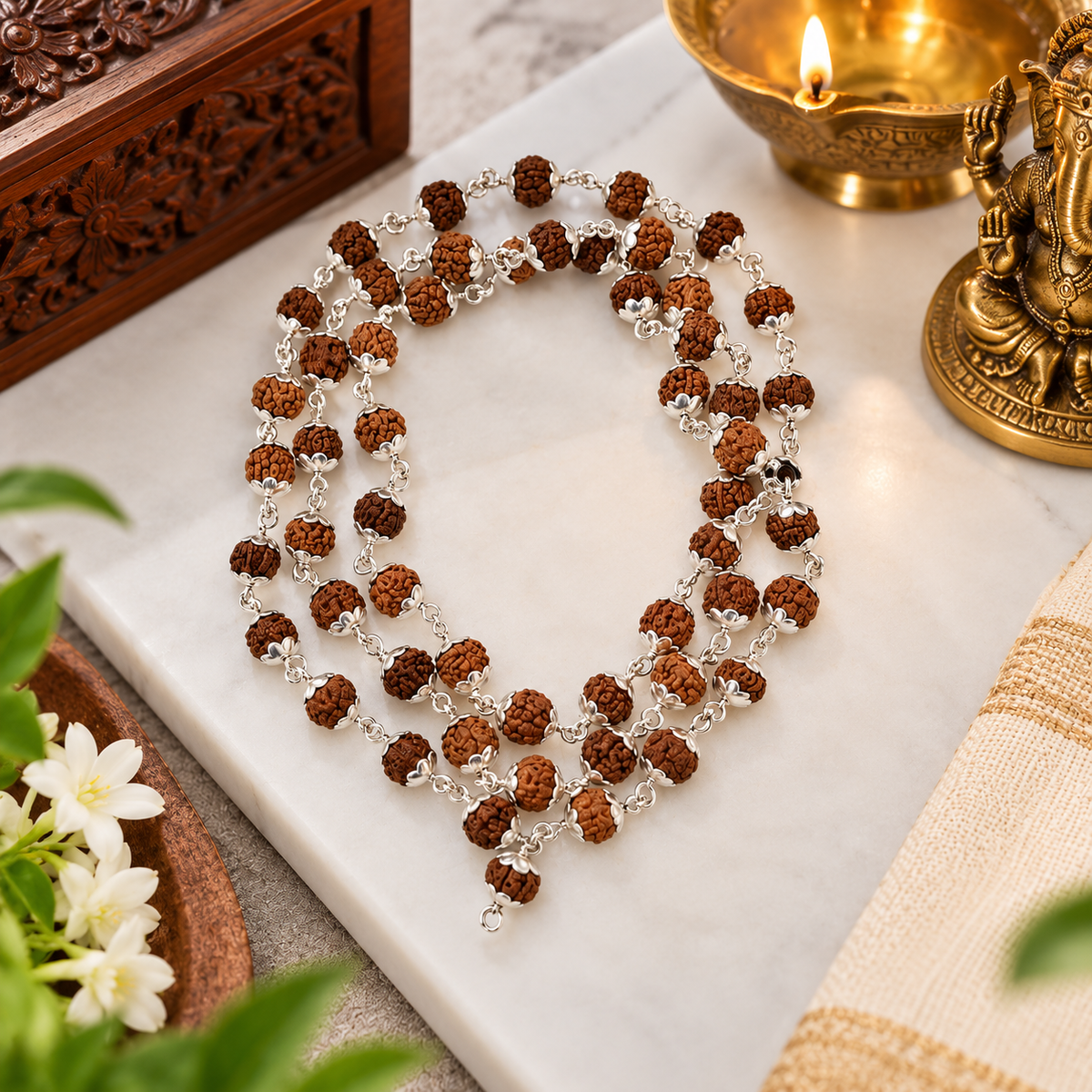 5 मुखी रुद्राक्ष माला व्हाइट मेटल कैप में  (5 Mukhi Rudraksh Mala in White Metal Cap) (8 mm)
