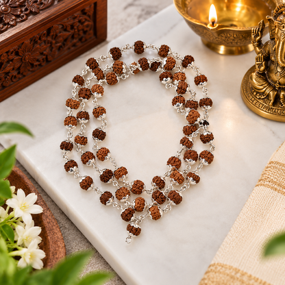 5 मुखी रुद्राक्ष माला व्हाइट मेटल कैप में  (5 Mukhi Rudraksh Mala in White Metal Cap) (8 mm)