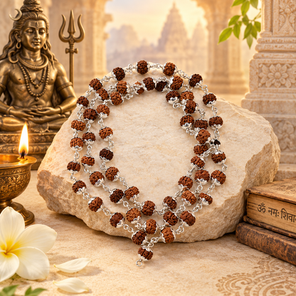 5 मुखी रुद्राक्ष माला व्हाइट मेटल कैप में  (5 Mukhi Rudraksh Mala in White Metal Cap) (8 mm)