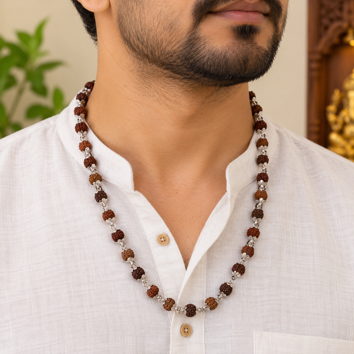 5 मुखी रुद्राक्ष माला व्हाइट मेटल कैप में  (5 Mukhi Rudraksh Mala in White Metal Cap) (8 mm)