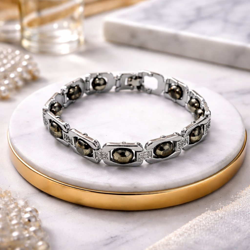 नेचुरल पाइराइट ब्रेसलेट सिल्वर मेटल (Natural Pyrite Bracelet Silver Metal)