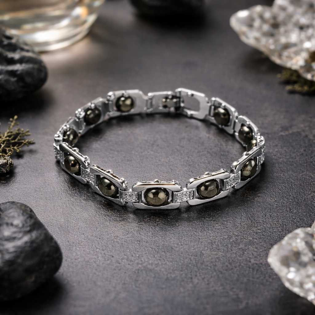 नेचुरल पाइराइट ब्रेसलेट सिल्वर मेटल (Natural Pyrite Bracelet Silver Metal)