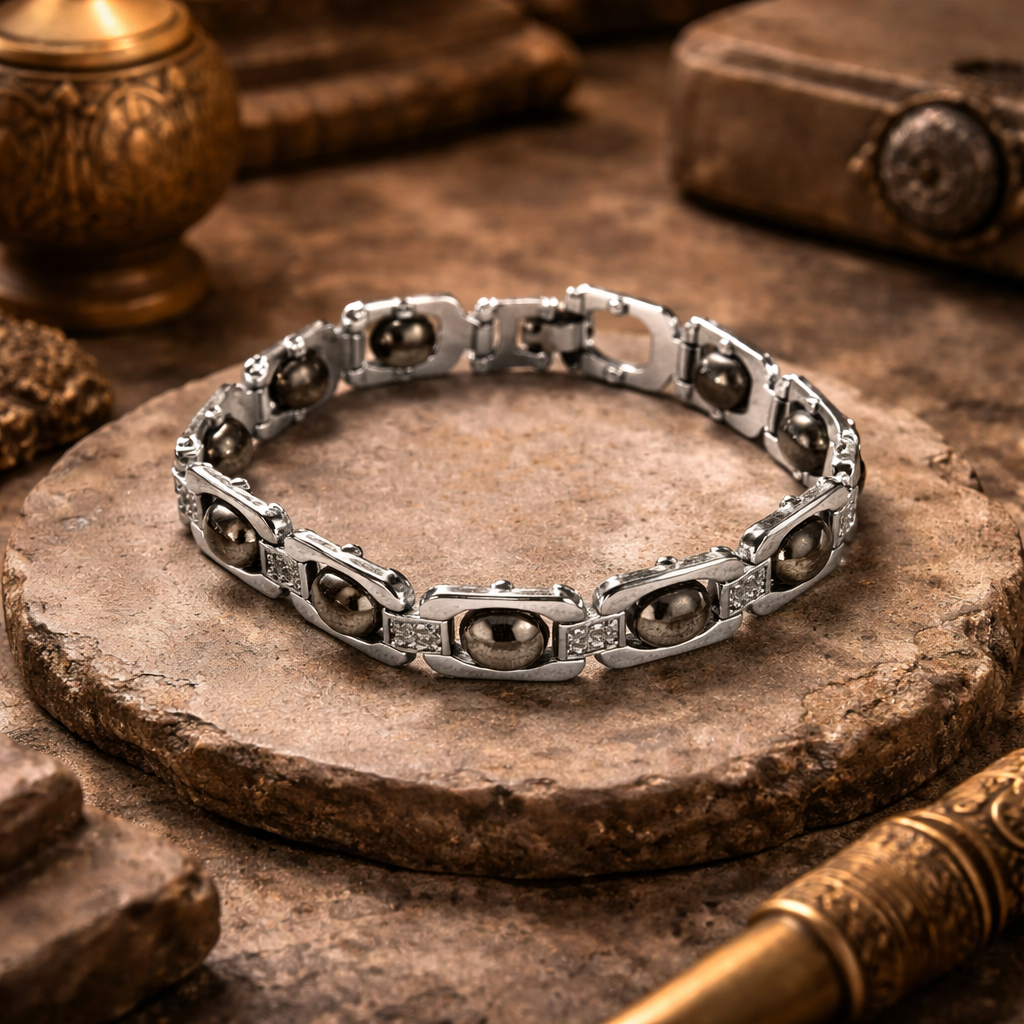 नेचुरल पाइराइट ब्रेसलेट सिल्वर मेटल (Natural Pyrite Bracelet Silver Metal)