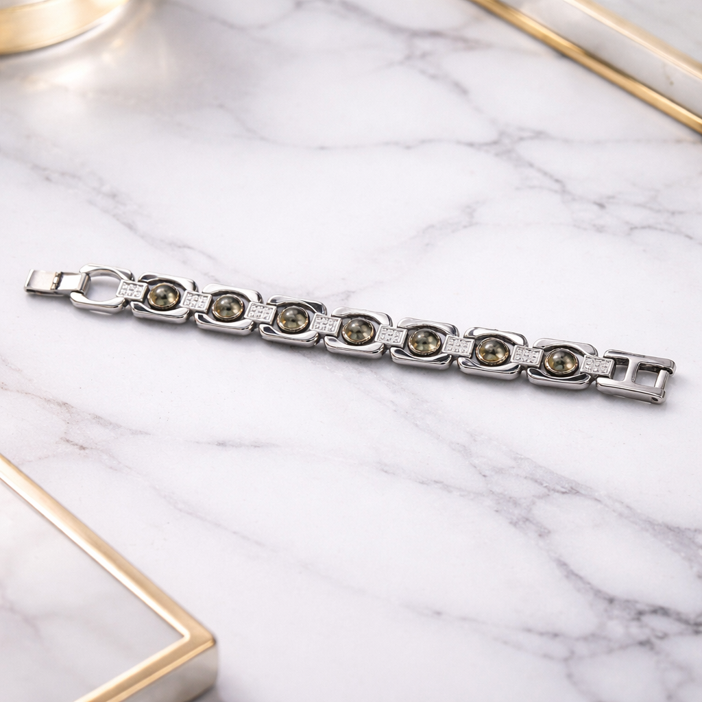 नेचुरल पाइराइट ब्रेसलेट सिल्वर मेटल (Natural Pyrite Bracelet Silver Metal)