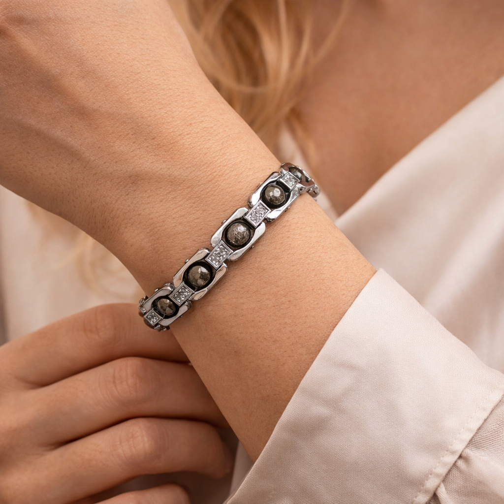 नेचुरल पाइराइट ब्रेसलेट सिल्वर मेटल (Natural Pyrite Bracelet Silver Metal)