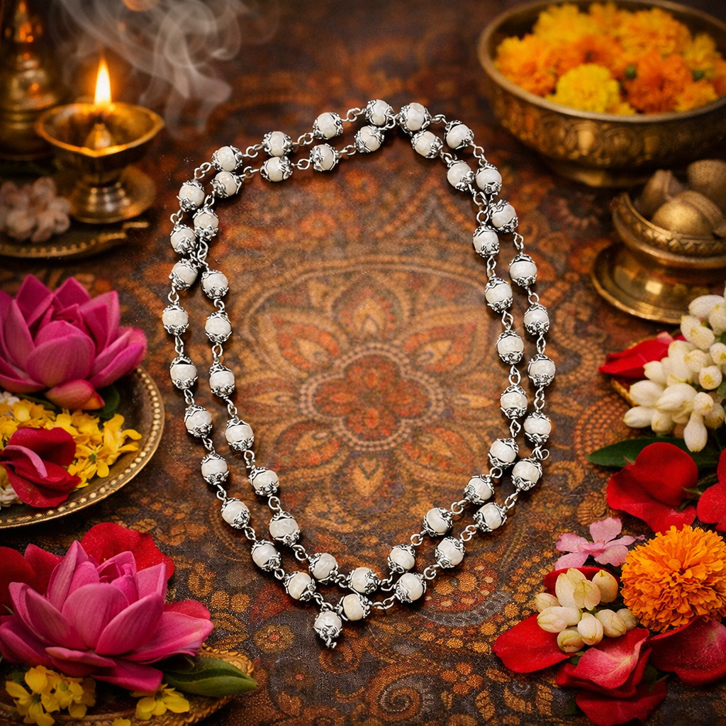 सफ़ेद तुलसी की माला मेटल कैप में (White Tulsi Mala Metal Cap)