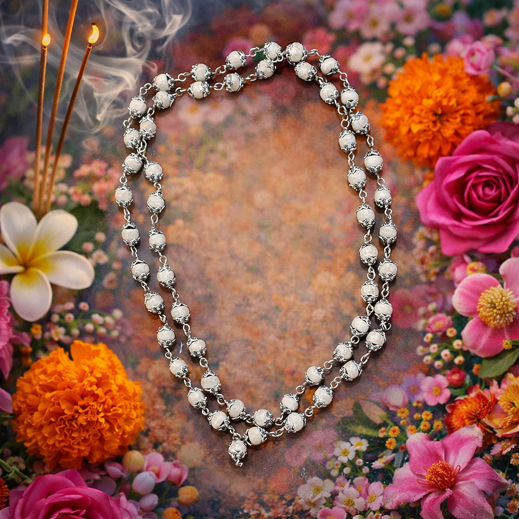 सफ़ेद तुलसी की माला मेटल कैप में (White Tulsi Mala Metal Cap)